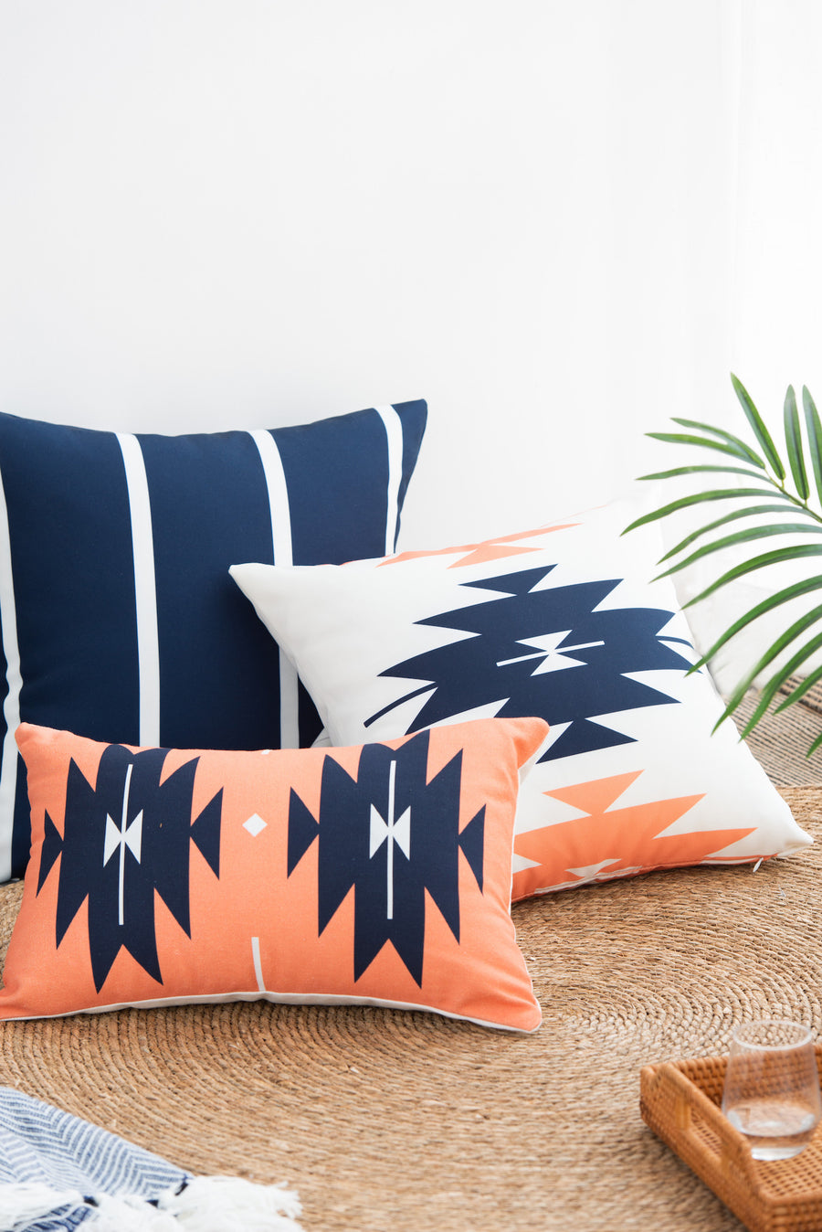 Modern Boho Outdoor Pillow Cover, Navy Blue Orange Aztec Triangles, 18