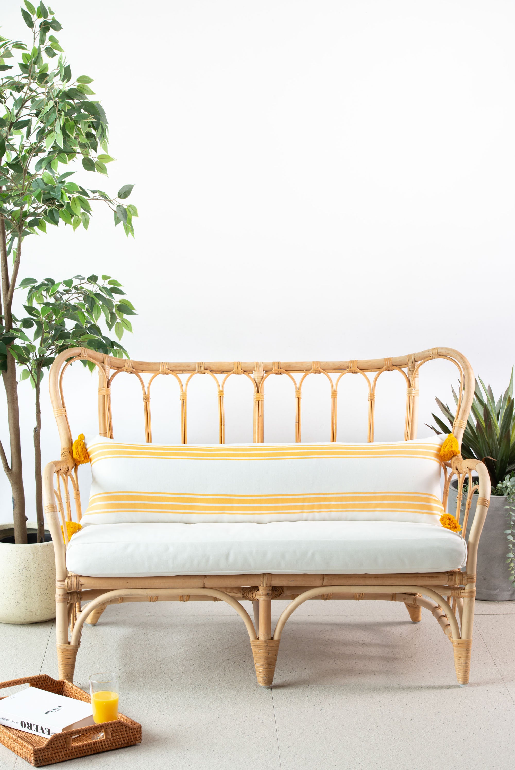 Coastal Boho Yellow Outdoor Pillows, Aviv, Striped Tassel Hofdeco