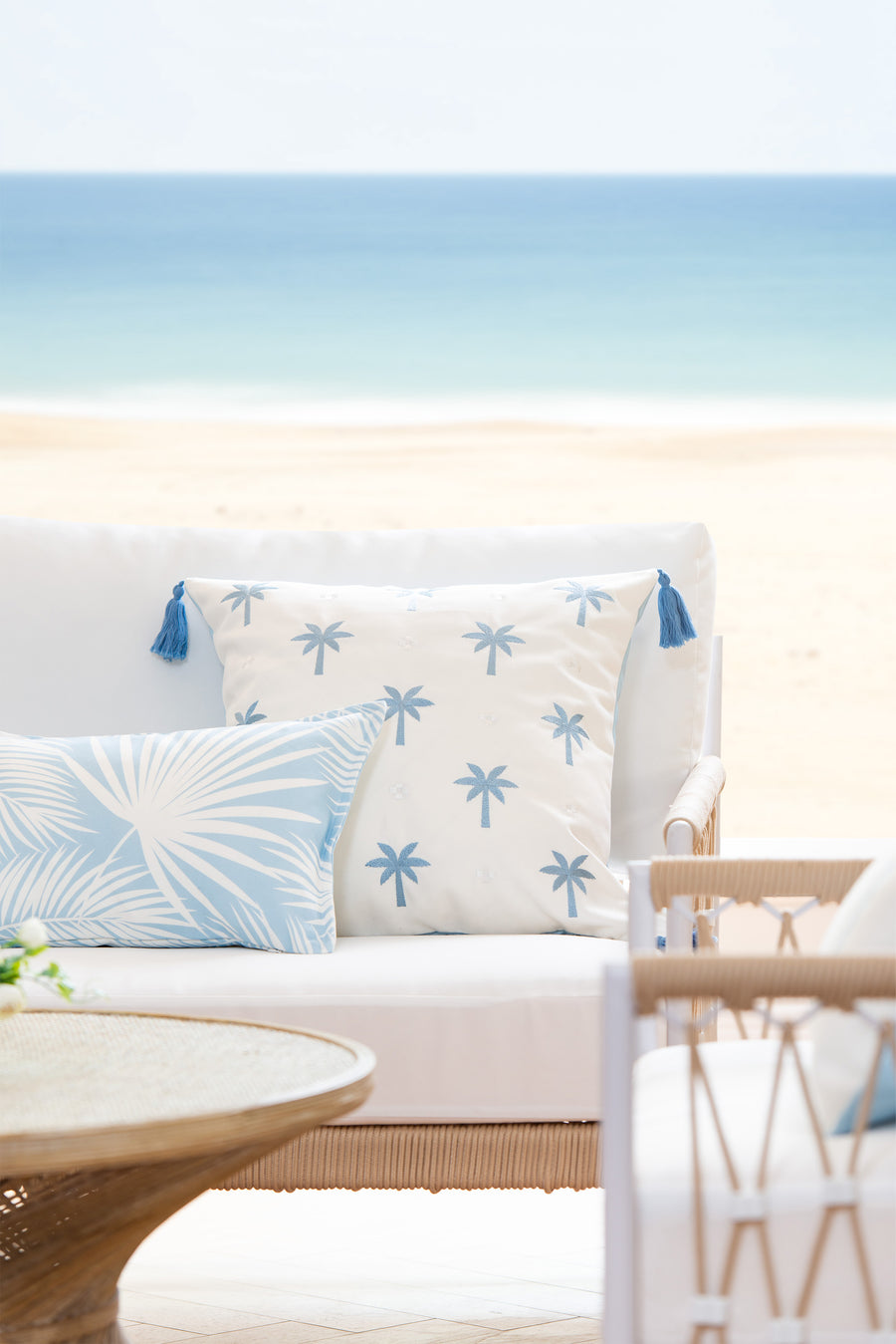 Coastal Baby Blue Outdoor Pillow Cover Palm Leaf Hofdeco