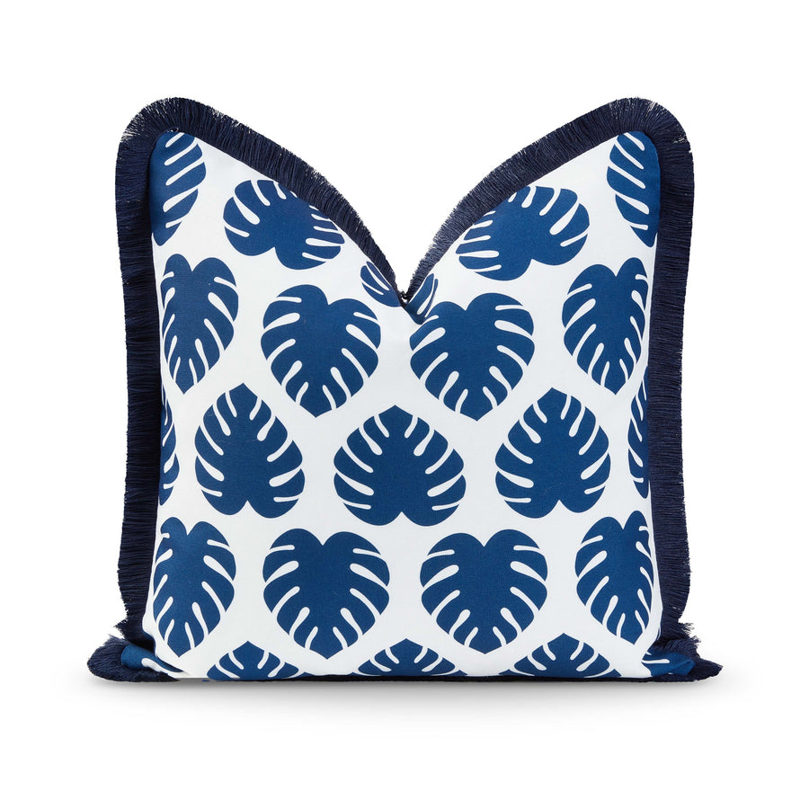 Coastal Navy Blue Pillow Cover, Monstera Leaf Fringe | Hofdeco