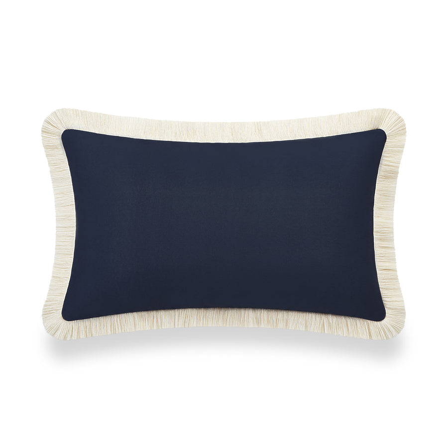 Coastal Hampton Style Outdoor Performance Lumbar Pillow Cover, Solid with Fringe, Dark Navy Blue, 12