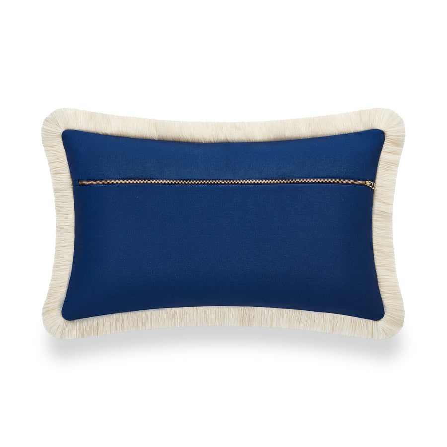 Coastal Hampton Style Indoor Outdoor Lumbar Pillow Cover, Monstera Leaf Fringe, Navy Blue, 12