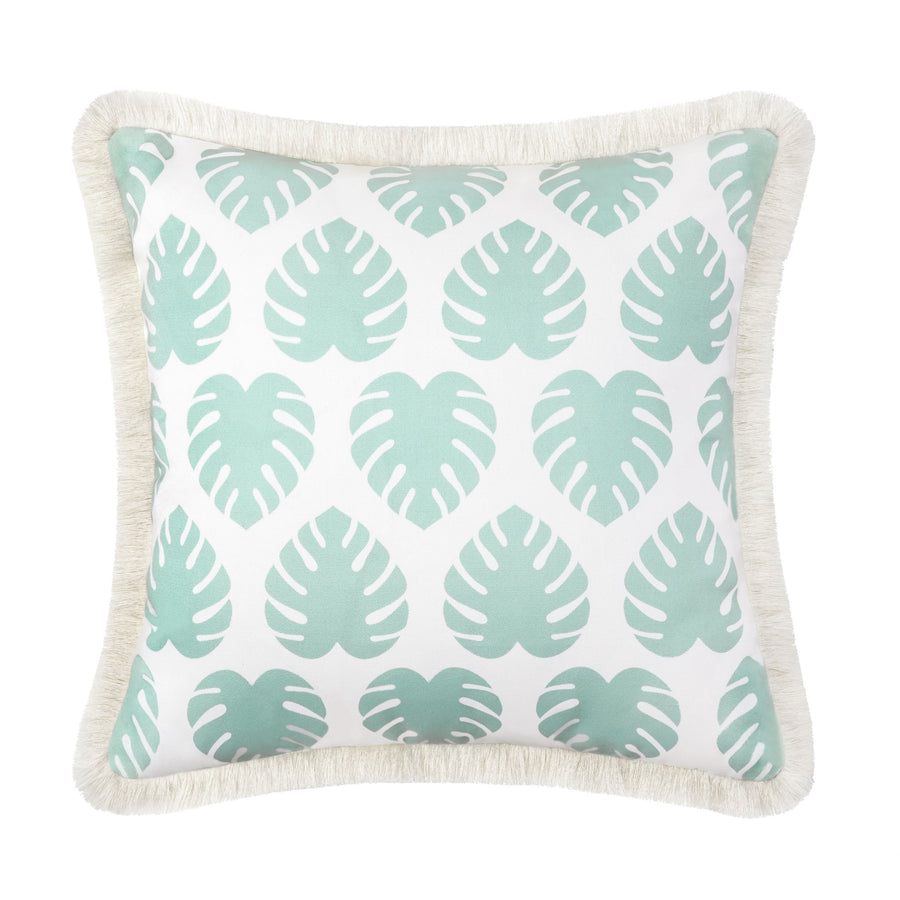 Fall Coastal Indoor Outdoor Pillow Cover, Monstera Leaf Fringe, Muted Aqua, 20