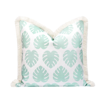 Fall Coastal Indoor Outdoor Pillow Cover, Monstera Leaf Fringe, Muted Aqua, 20