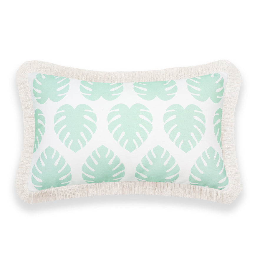 Fall Coastal Indoor Outdoor Lumbar Pillow Cover, Monstera Leaf Fringe, Muted Aqua, 12