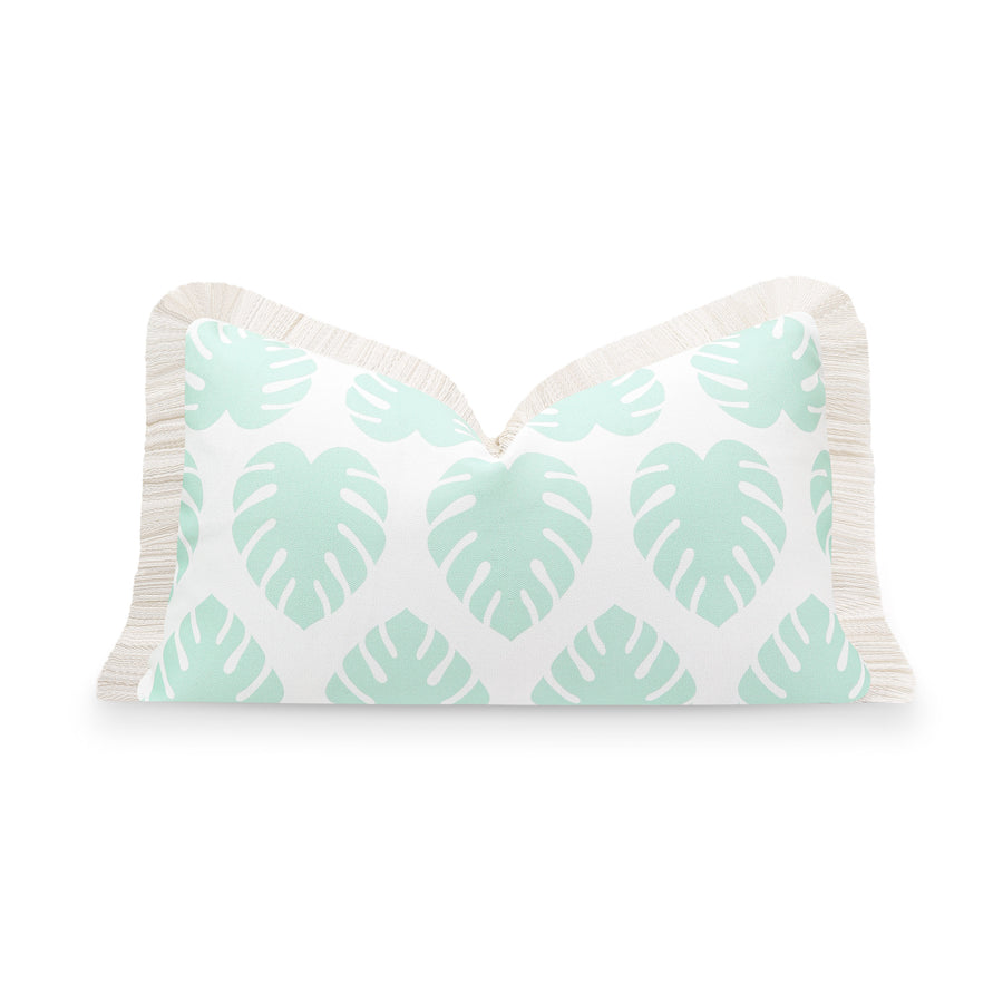 Fall Coastal Indoor Outdoor Lumbar Pillow Cover, Monstera Leaf Fringe, Muted Aqua, 12