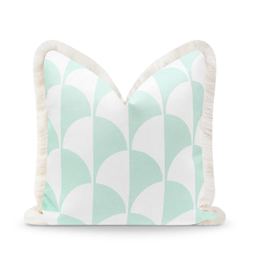 Fall Coastal Indoor Outdoor Pillow Cover, Scale Motif Fringe, Muted Aqua, 20