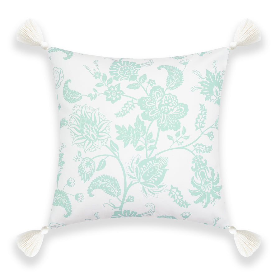Fall Coastal Indoor Outdoor Pillow Cover, Floral Tassel, Muted Aqua, 18