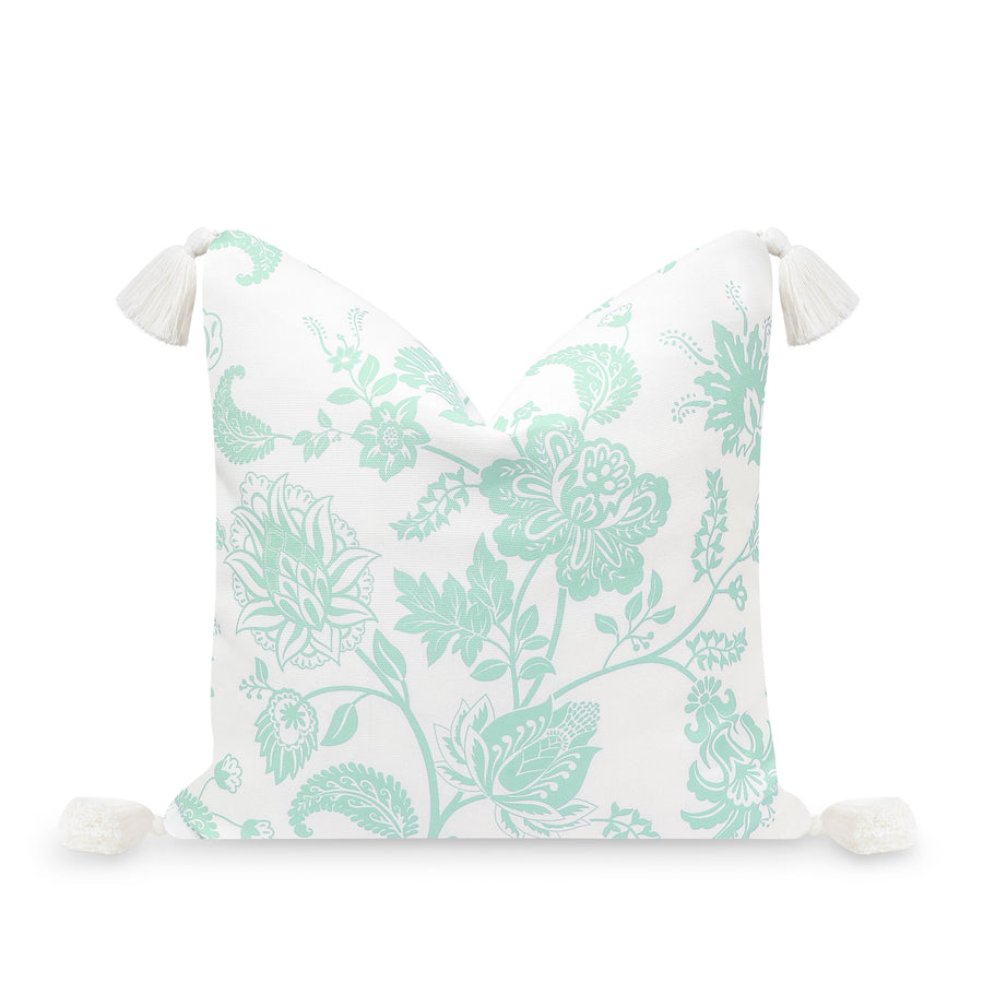 Fall Coastal Indoor Outdoor Pillow Cover, Floral Tassel, Muted Aqua, 18