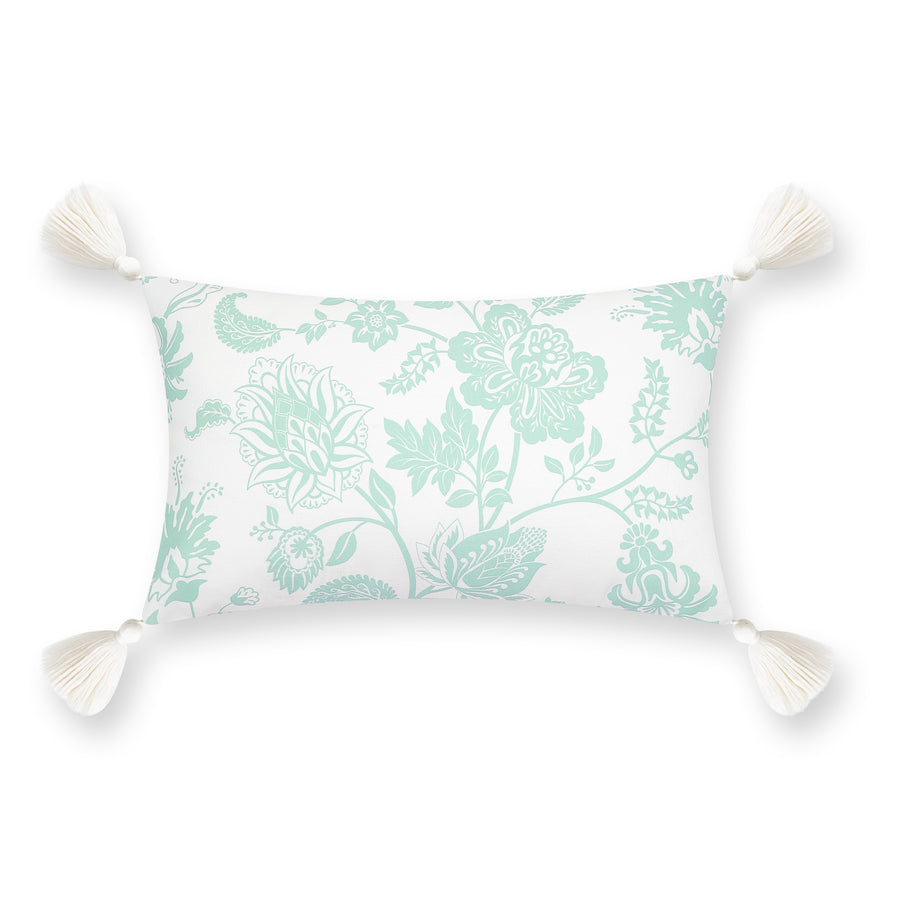 Fall Coastal Indoor Outdoor Lumbar Pillow Cover, Floral Tassel, Muted Aqua, 12
