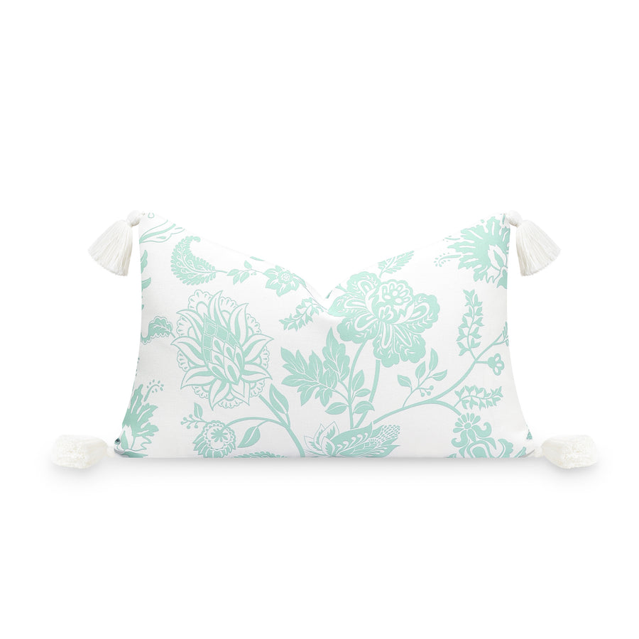 Fall Coastal Indoor Outdoor Lumbar Pillow Cover, Floral Tassel, Muted Aqua, 12
