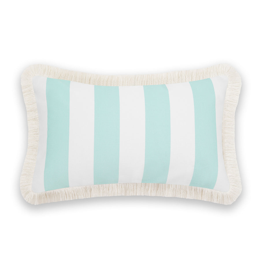 Fall Coastal Indoor Outdoor Lumbar Pillow Cover, Stripe Fringe, Muted Aqua, 12