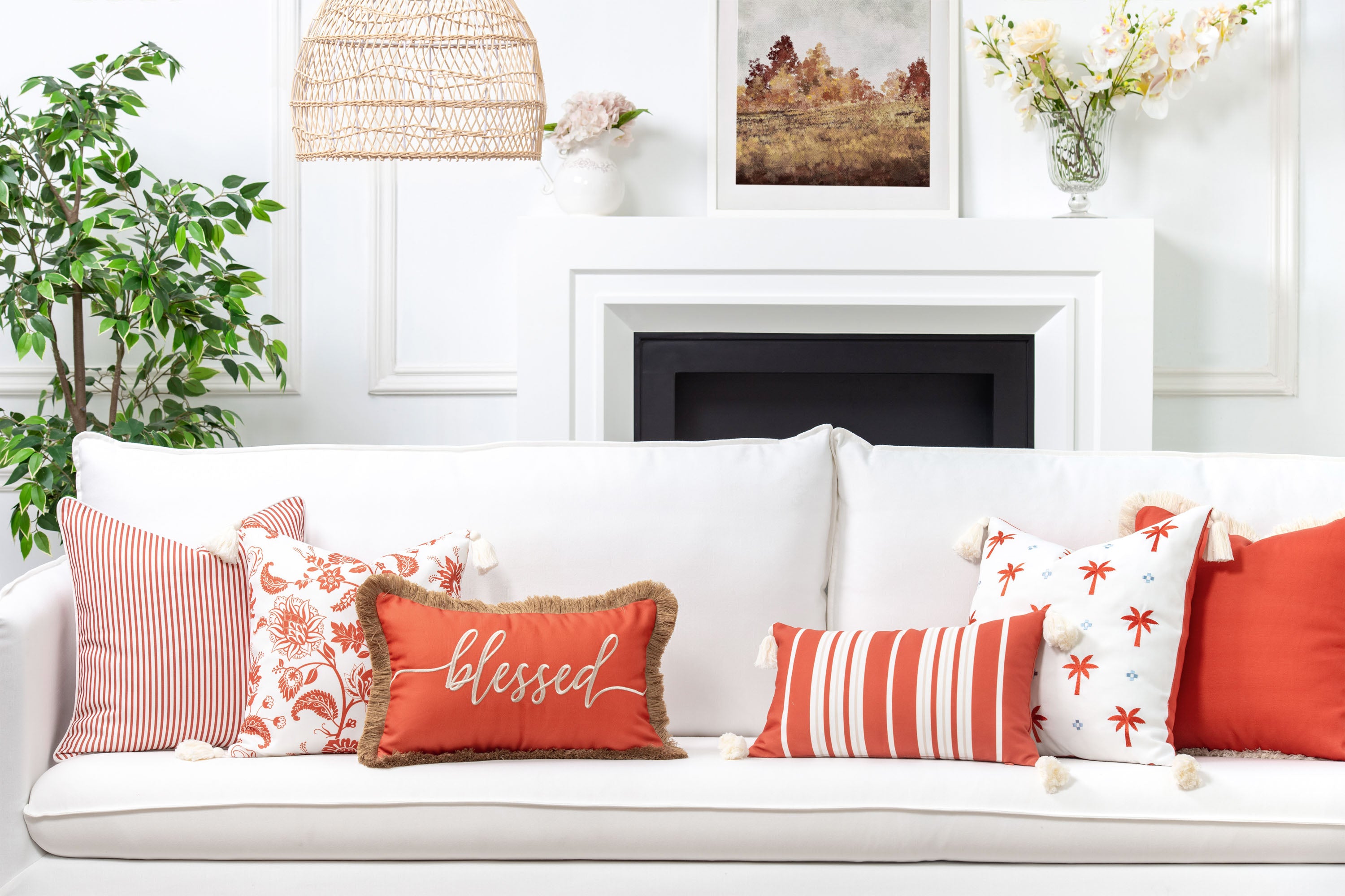 Coastal Fringed Outdoor Pillow Cover, Embroidered Blessed, Rust