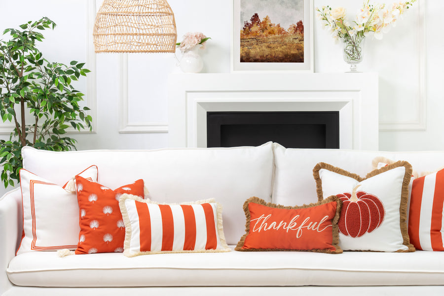 Fall Coastal Indoor Outdoor Lumbar Pillow Cover, Stripe Fringe, Rust Orange, 12
