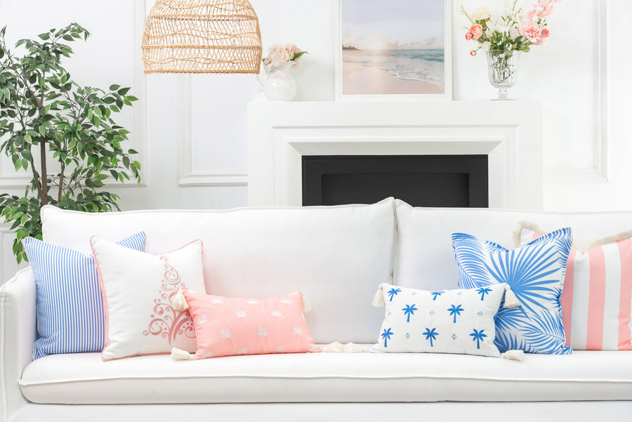 Coastal Indoor Outdoor Lumbar Pillow Cover, Stripe Fringe, Blush Pink, 12
