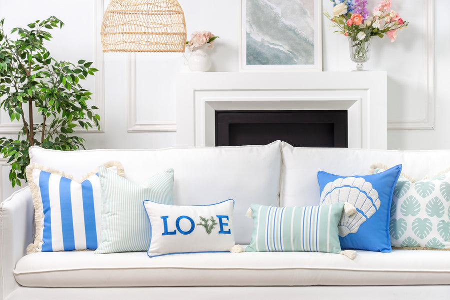 Coastal Indoor Outdoor Lumbar Pillow Cover, Stripe Tassel, Muted Aqua Cornflower Blue, 12