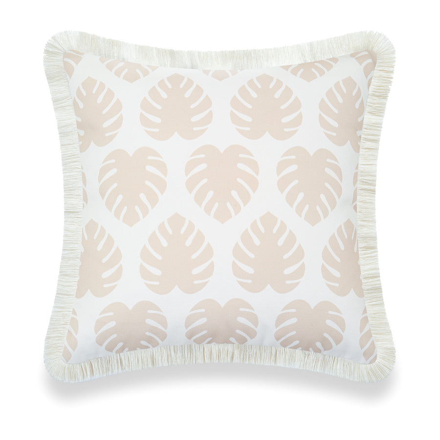 Fall Coastal Indoor Outdoor Pillow Cover, Monstera Leaf Fringe, Neutral Tan, 20