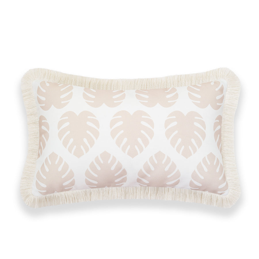 Fall Coastal Indoor Outdoor Lumbar Pillow Cover, Monstera Leaf Fringe, Neutral Tan, 12