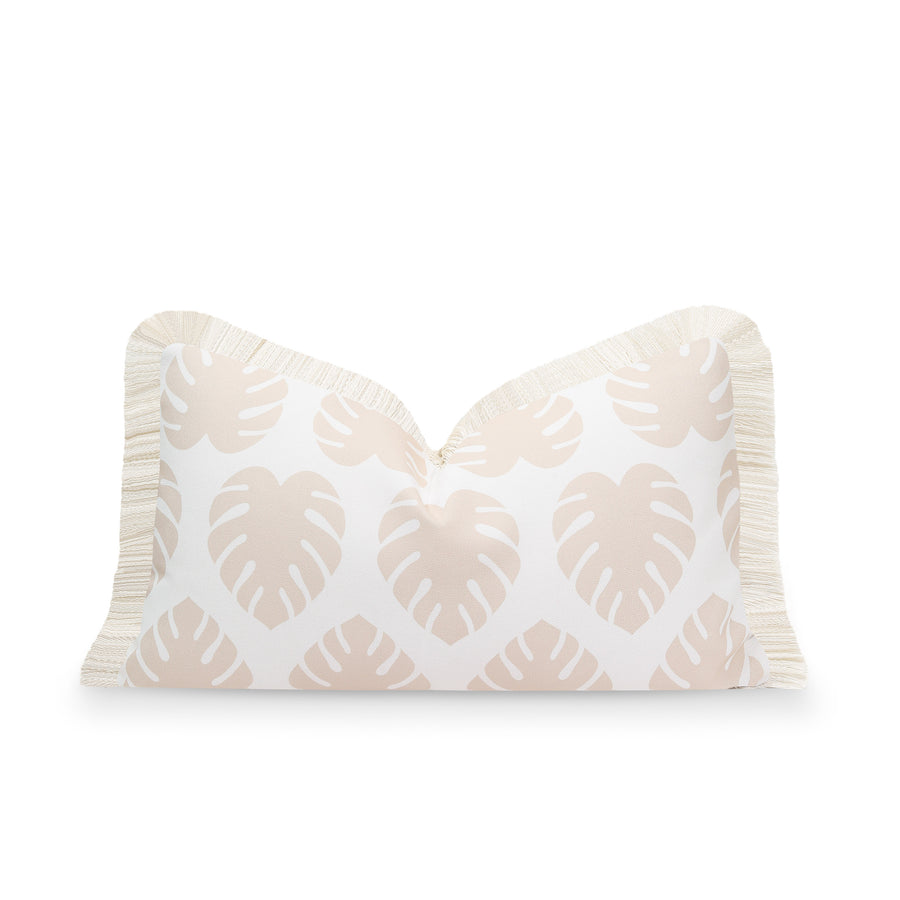 Fall Coastal Indoor Outdoor Lumbar Pillow Cover, Monstera Leaf Fringe, Neutral Tan, 12