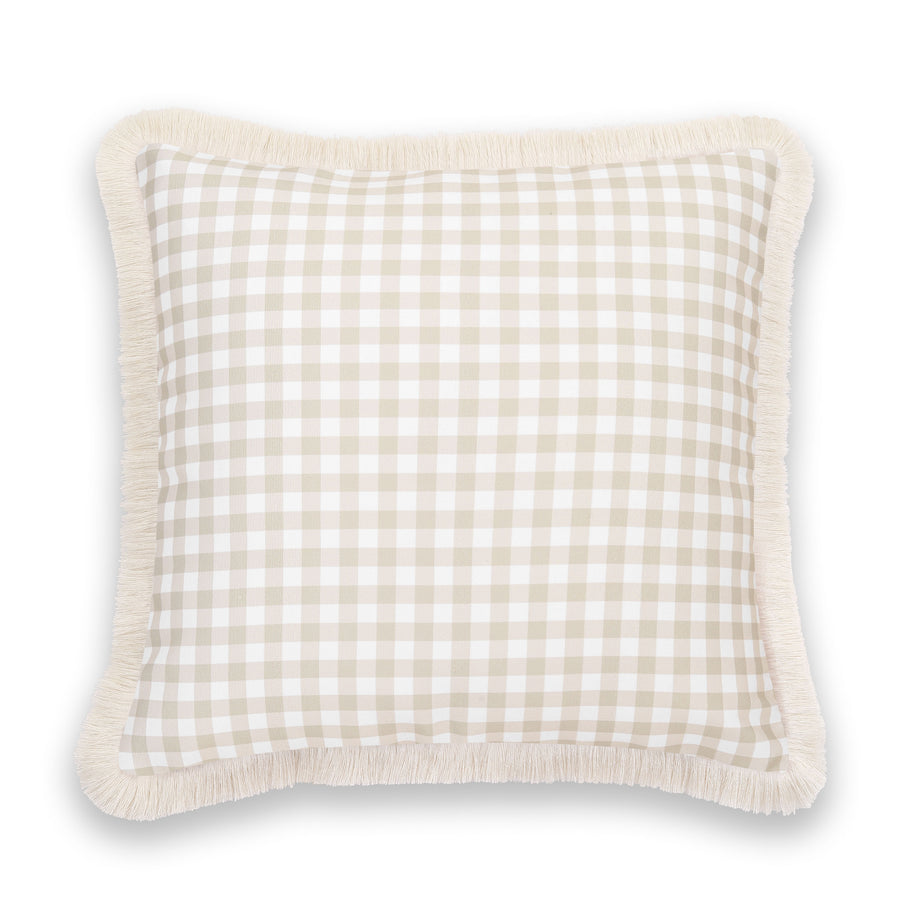Fall Coastal Indoor Outdoor Pillow Cover, Gingham Fringe, Neutral Tan, 20