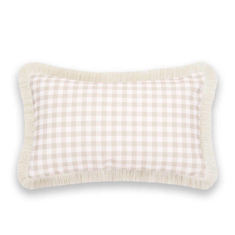 Fall Coastal Indoor Outdoor Lumbar Pillow Cover, Gingham Fringe, Neutral Tan, 12