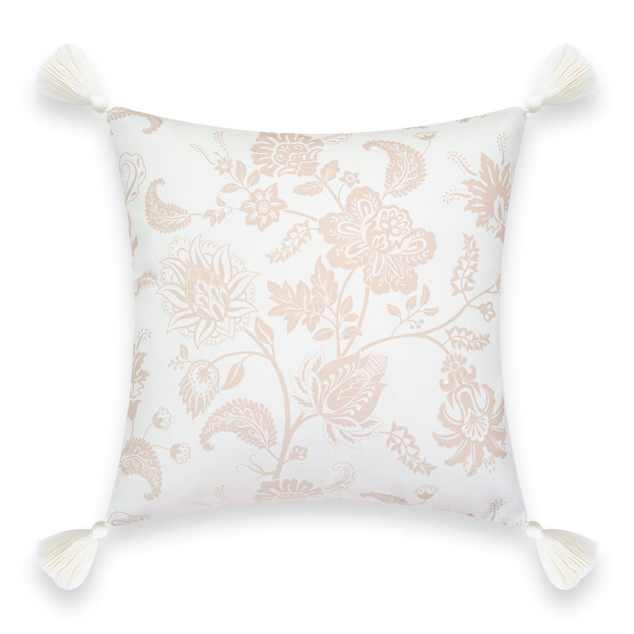 Fall Coastal Indoor Outdoor Pillow Cover, Floral Tassel, Neutral Tan, 18