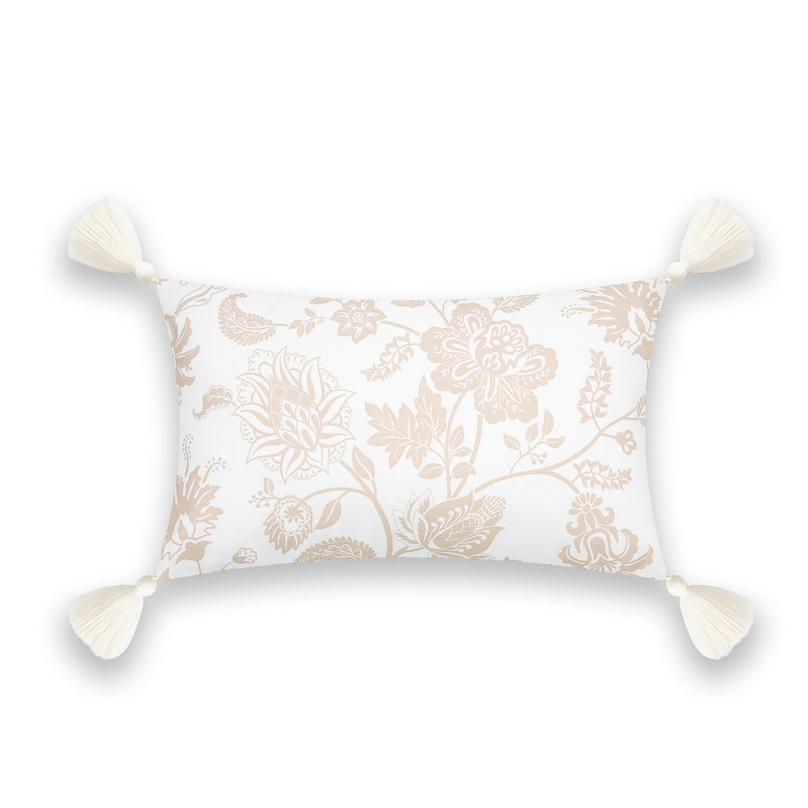 Fall Coastal Indoor Outdoor Lumbar Pillow Cover, Floral Tassel, Neutral Tan, 12