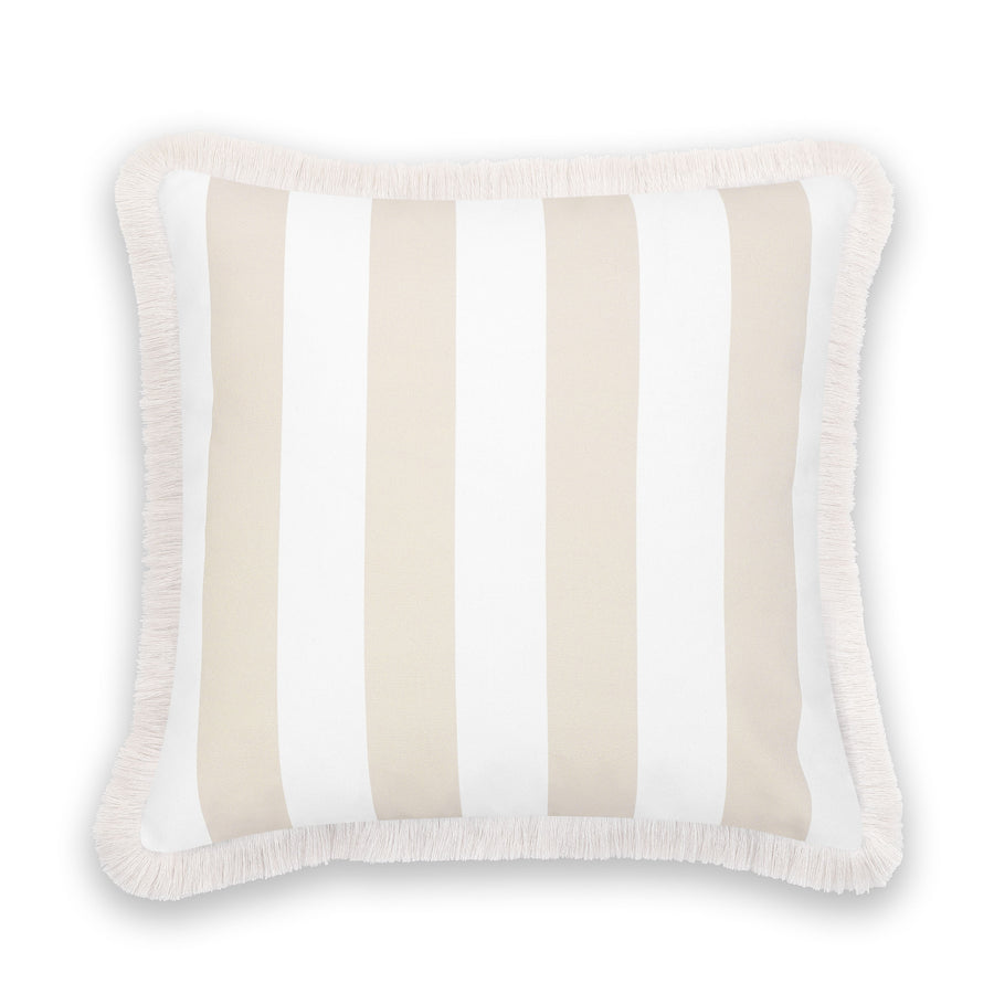 Fall Coastal Indoor Outdoor Pillow Cover, Stripe Fringe, Neutral Tan, 20
