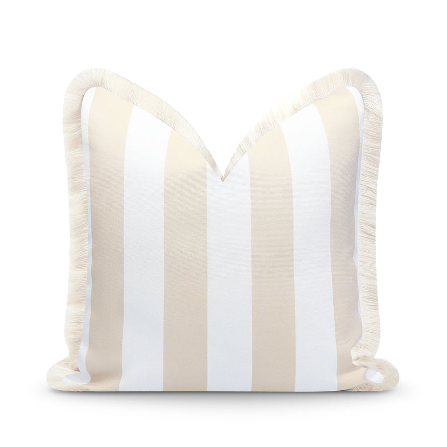 Fall Coastal Indoor Outdoor Pillow Cover, Stripe Fringe, Neutral Tan, 20