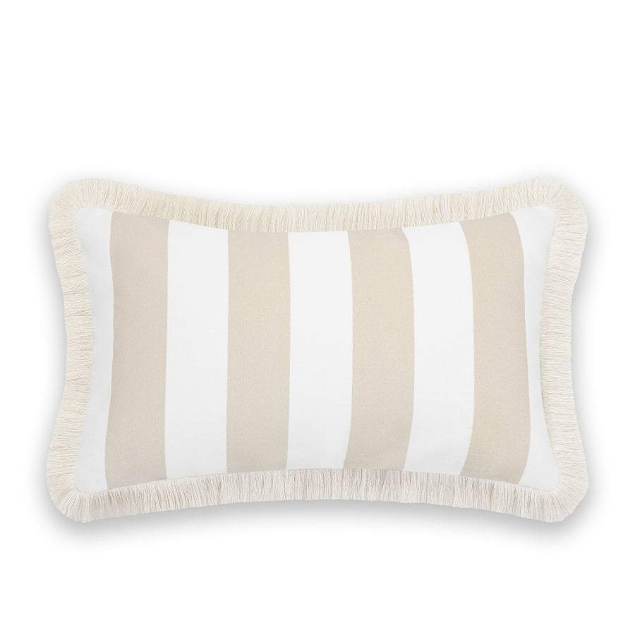 Fall Coastal Indoor Outdoor Lumbar Pillow Cover, Stripe Fringe, Neutral Tan, 12
