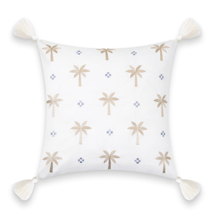 Fall Coastal Indoor Outdoor Pillow Cover, Embroidered Coconut Tree Tassel, Baby Blue Neutral Tan, 20