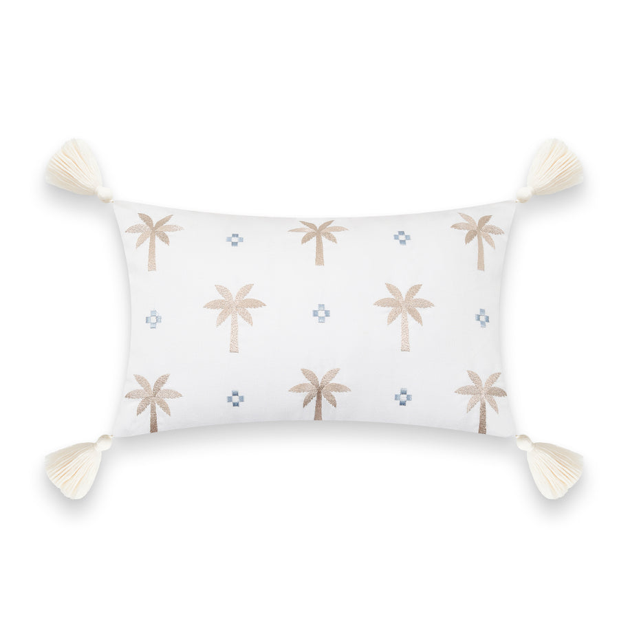 Fall Coastal Indoor Outdoor Lumbar Pillow Cover, Embroidered Coconut Tree Tassel, Baby Blue Neutral Tan, 12