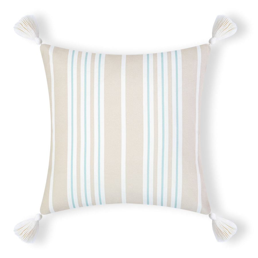 Fall Coastal Indoor Outdoor Pillow Cover, Stripe Tassel, Muted Aqua Neutral Tan, 18