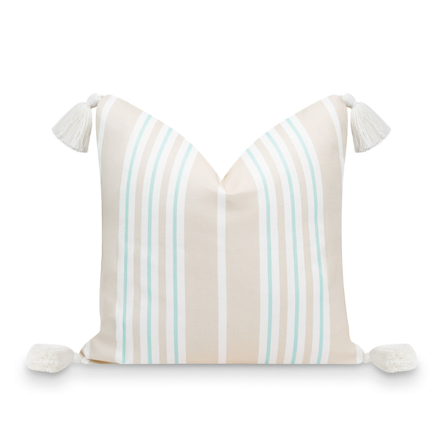 Fall Coastal Indoor Outdoor Pillow Cover, Stripe Tassel, Muted Aqua Neutral Tan, 18
