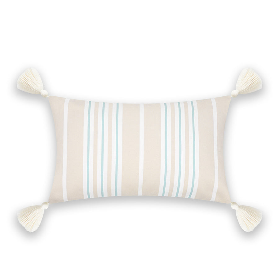 Fall Coastal Indoor Outdoor Lumbar Pillow Cover, Stripe Tassel, Muted Aqua Neutral Tan, 12