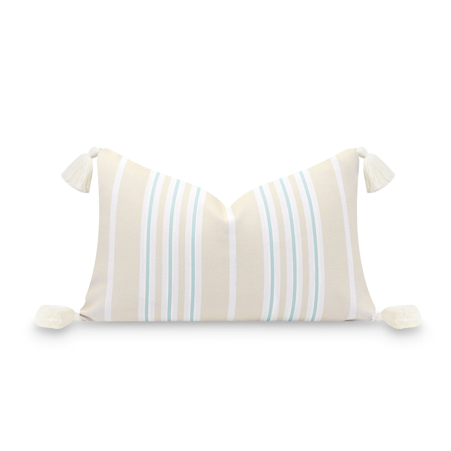 Fall Coastal Indoor Outdoor Lumbar Pillow Cover, Stripe Tassel, Muted Aqua Neutral Tan, 12