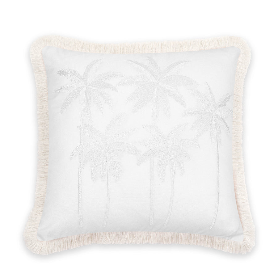 Fall Coastal Indoor Outdoor Pillow Cover, Embroidered Coconut Tree with Fringed Trim, Neutral Tan, 20