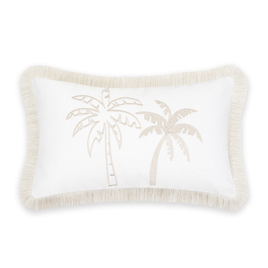 Fall Coastal Indoor Outdoor Lumbar Pillow Cover, Embroidered Coconut Tree with Fringed Trim, Neutral Tan, 12