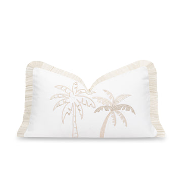 Fall Coastal Indoor Outdoor Lumbar Pillow Cover, Embroidered Coconut Tree with Fringed Trim, Neutral Tan, 12