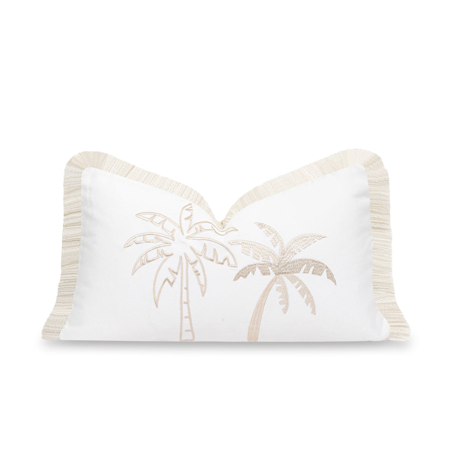 Fall Coastal Indoor Outdoor Lumbar Pillow Cover, Embroidered Coconut Tree with Fringed Trim, Neutral Tan, 12