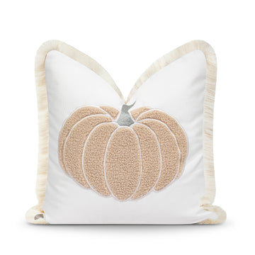 Fall Coastal Indoor Outdoor Pillow Cover, Embroidered Pumpkin with Fringed Trim, Neutral Tan, 20