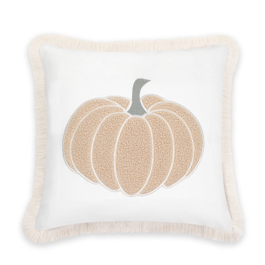 Fall Coastal Indoor Outdoor Pillow Cover, Embroidered Pumpkin with Fringed Trim, Neutral Tan, 20x20