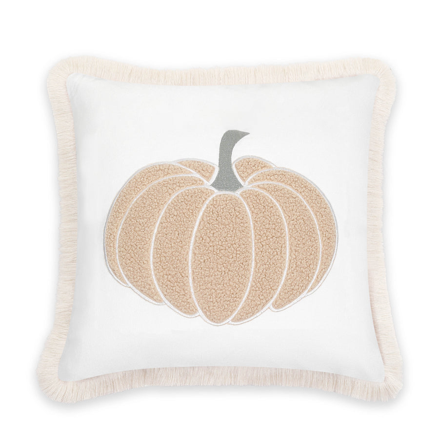 Fall Coastal Indoor Outdoor Pillow Cover, Embroidered Pumpkin with Fringed Trim, Neutral Tan, 20