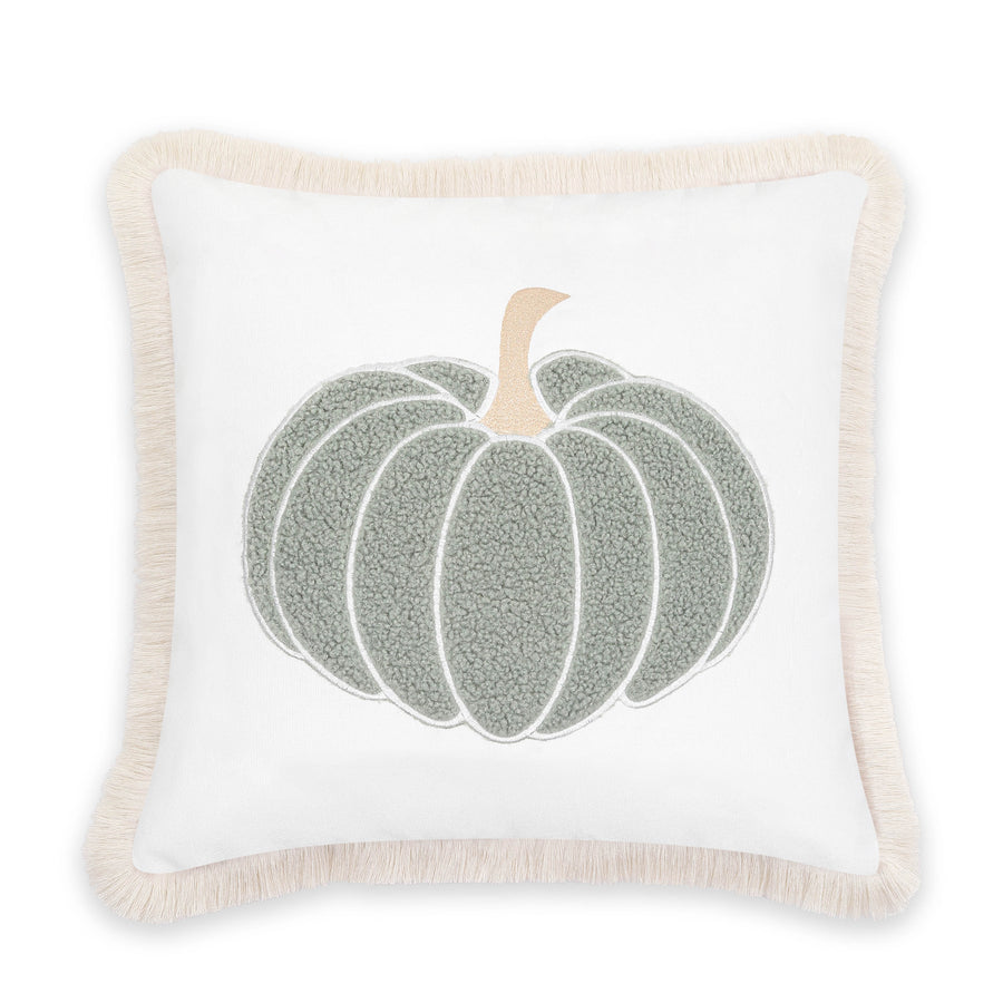 Fall Coastal Indoor Outdoor Pillow Cover, Embroidered Pumpkin with Fringed Trim, Muted Aqua, 20