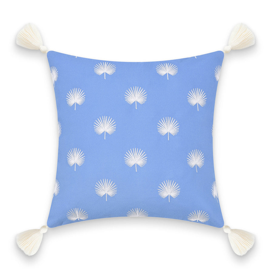 Coastal Indoor Outdoor Pillow Cover, Embroidered Palm Leaf Tassel, Cornflower Blue, 18