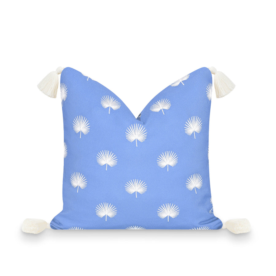 Coastal Indoor Outdoor Pillow Cover, Embroidered Palm Leaf Tassel, Cornflower Blue, 18