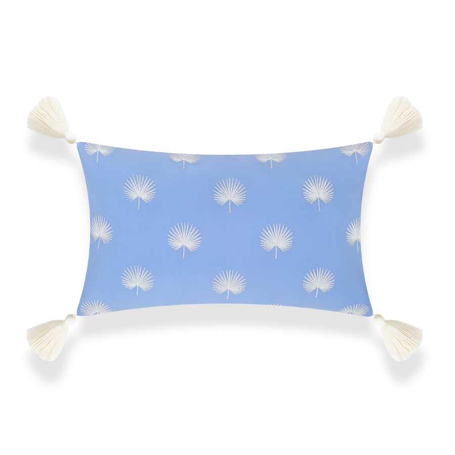Coastal Indoor Outdoor Lumbar Pillow Cover, Embroidered Palm Leaf Tassel, Cornflower Blue, 12