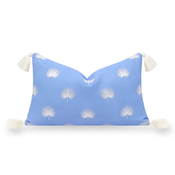 Coastal Indoor Outdoor Lumbar Pillow Cover, Embroidered Palm Leaf Tassel, Cornflower Blue, 12