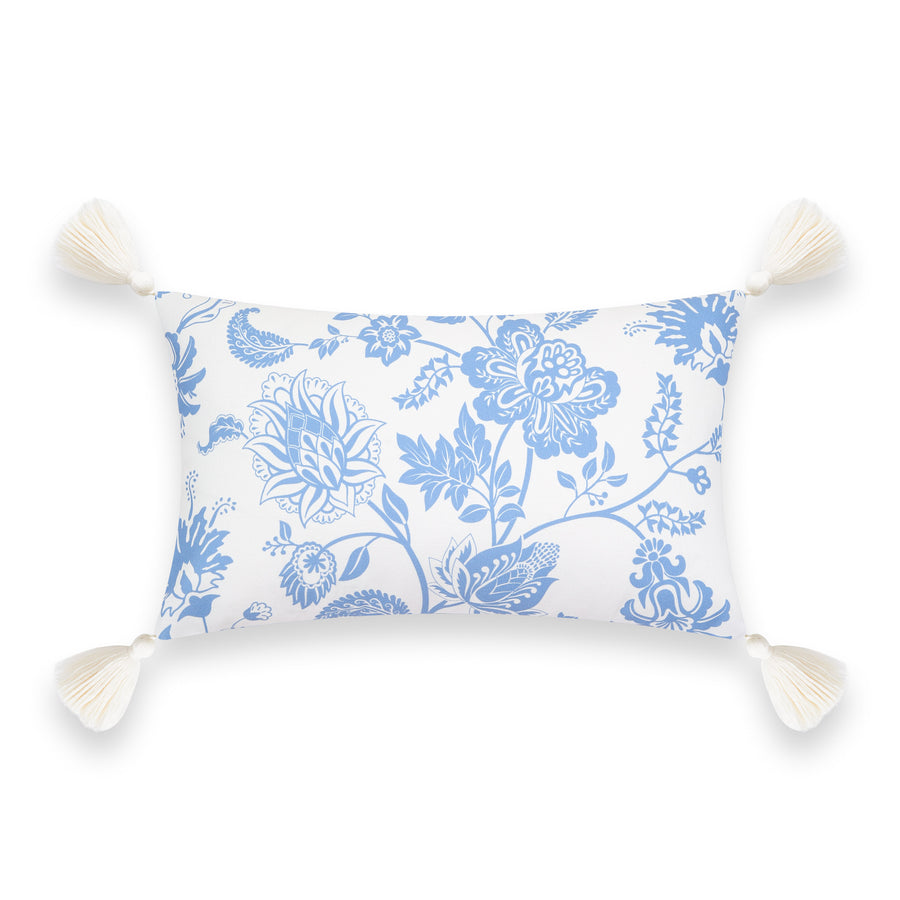 Coastal Indoor Outdoor Lumbar Pillow Cover, Floral Tassel, Cornflower Blue, 12