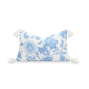Coastal Indoor Outdoor Lumbar Pillow Cover, Floral Tassel, Cornflower Blue, 12